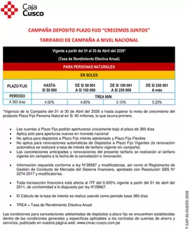 Catálogo Caja Municipal Cusco en Virú | DEPOSITO PLAZO FIJO “CRECEMOS JUNTOS” | 2026-04-02T00:00:00.000Z - 2026-04-30T00:00:00.000Z